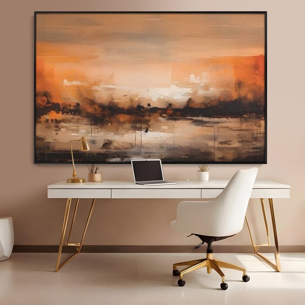 Tablou canvas cu peisaj abstract orizontal in nuante de aramiu, in rama de aluminiu negru, pe perete intr-un birou